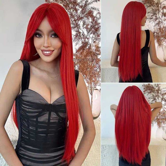 80 см Ярко червена права синтетична перука с дълъг бретон