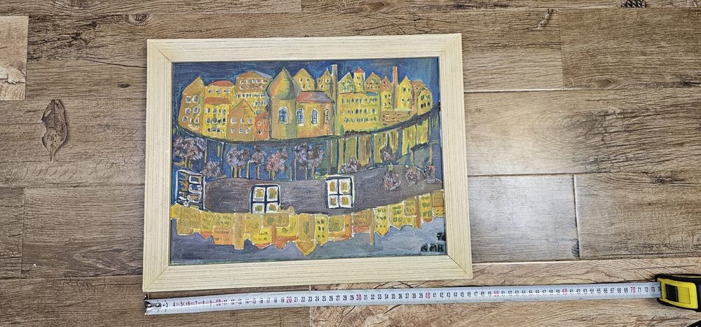 Tablou vintage din 1976 – Peisaj urban expresionist, ulei pe pânză, semnat A.M.H.