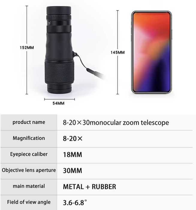 Monoclu Telescop Profesional 8-20x Zoom Telescopic Prisma BAK4 Impermeabil Suport Telefon Trepied Inclus Compact Bird Watching Vanatoare Concerte