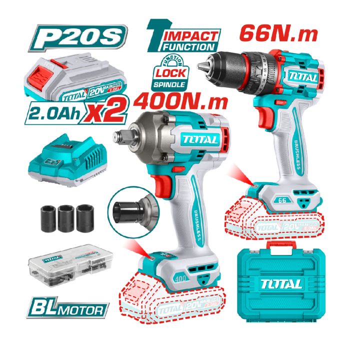КОМПЛЕКТ Акумулаторни ударни винтоверт и гайковерт TOTAL, 20