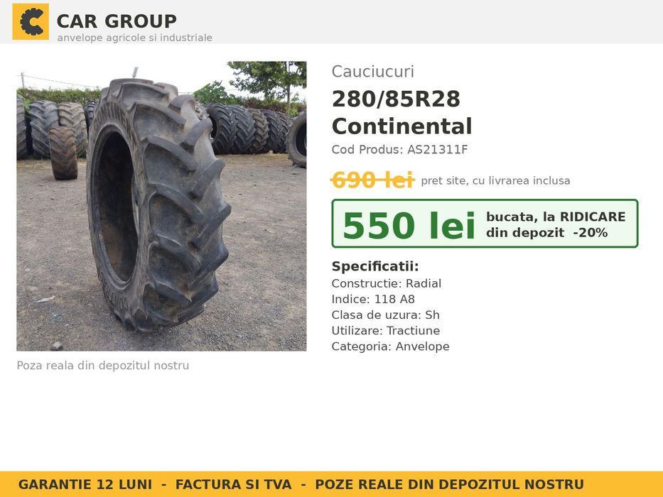Anvelope Cauciucuri 280/85R28 280/85 R28 280/85-28 11.2R28 2808528 Continental Prasitoare Tractor Roti Inguste Utilaje Agricole SH Second Hand