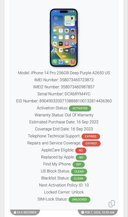 iPhone 14 Pro 256GB Deep Purple 83% Neverlocked esim mov