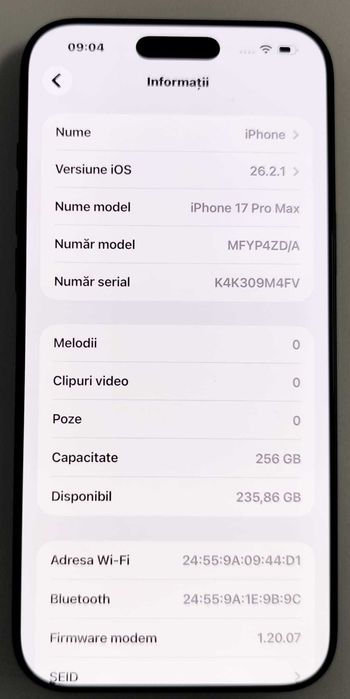 Telefon Apple iPhone 17Pro Max 256Gb 14 cicluri incarcare (AG35 B 35314) Garantie 2 ani !