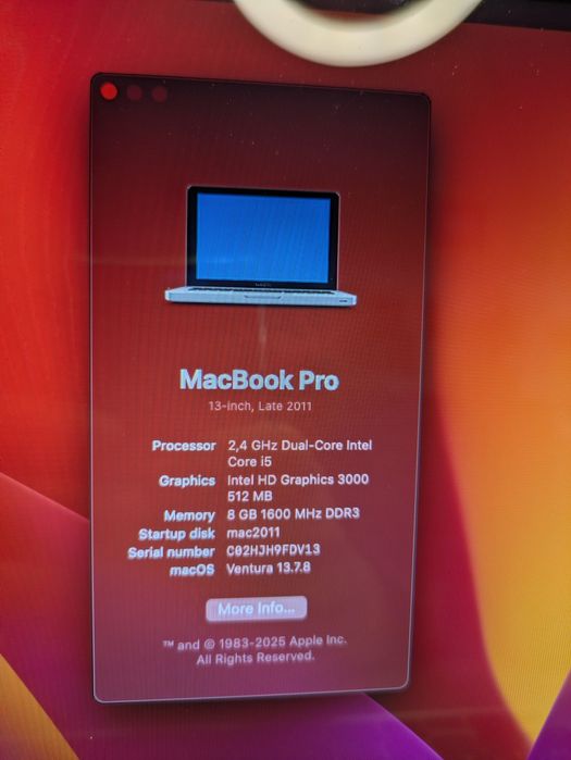 Macbook Pro 2011, Win+macOS,8GB, SSD