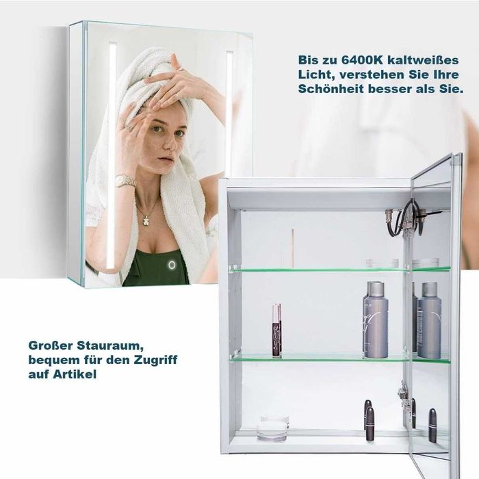 Шкаф за баня с огледало и една врата с ЛЕД LED осветление алуминий