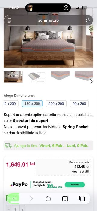 Saltea cu memorie si arcuri individuale SomnArt Supreme Pocket 180x200