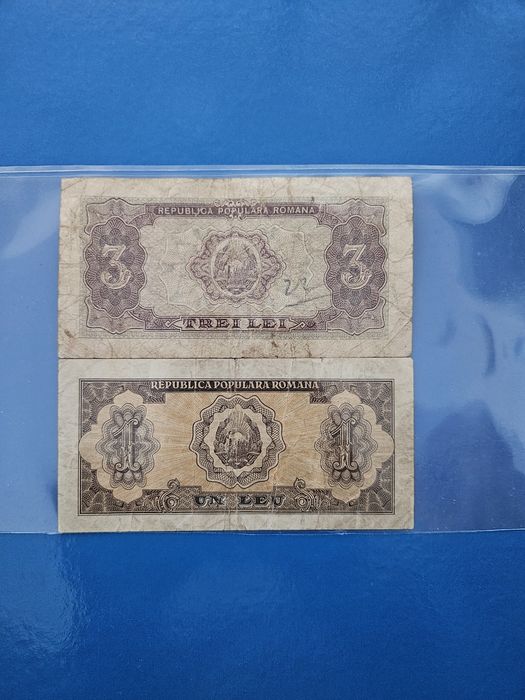 Bancnote, bani vechi 3 lei si 1 leu  1952