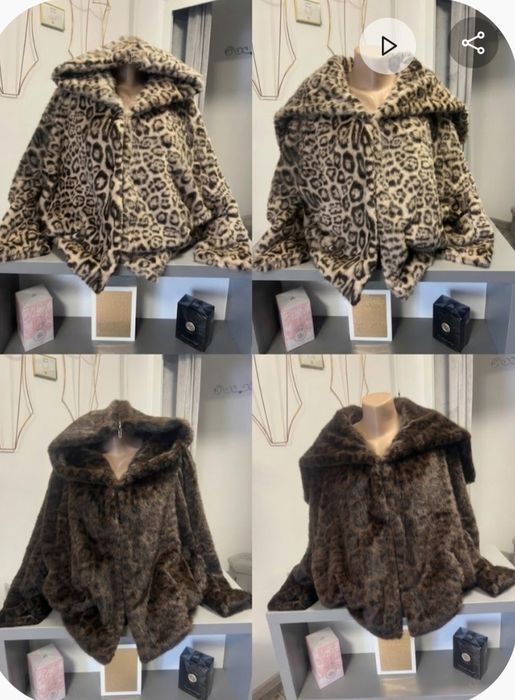 Jachetă Blană Ecologică Leopard cu Glugă – Mărime Universală(croială lejeră, potrivită S - XL)