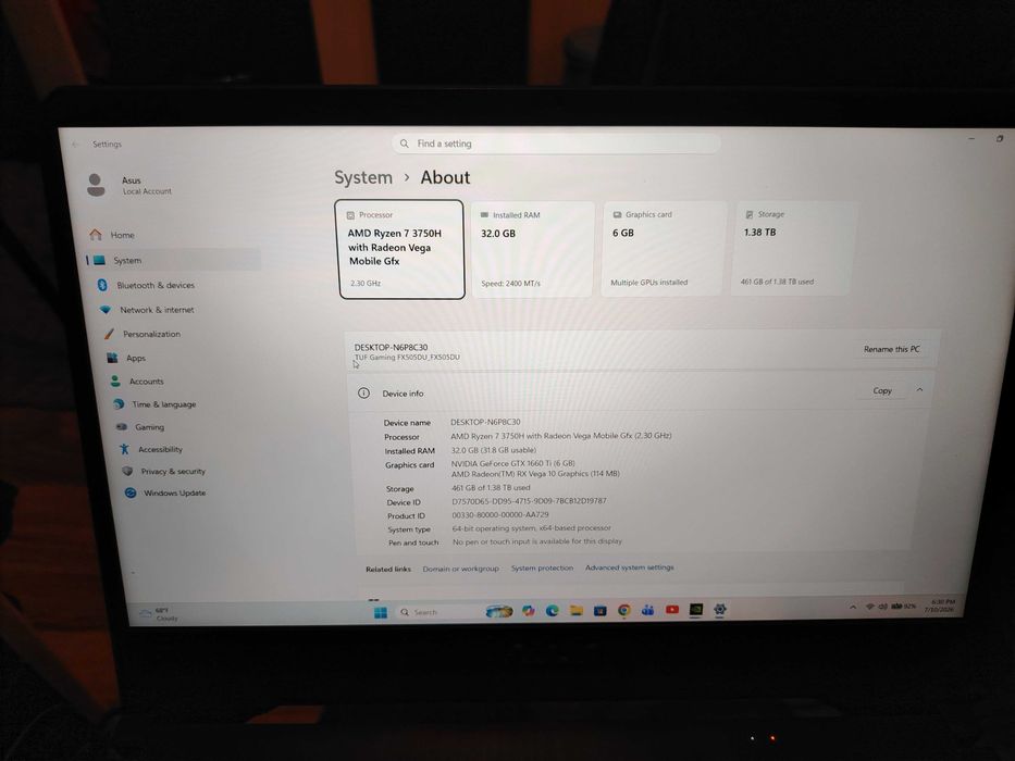 Laptop gaming asus tuf fx505du