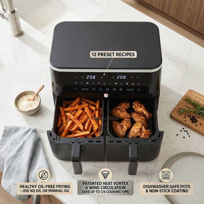 3г. Гаранция! Неразопакован. Двоен еър фрайър, 4.5 + 4.5 L Berlinger Haus BH9883 Air Fryer