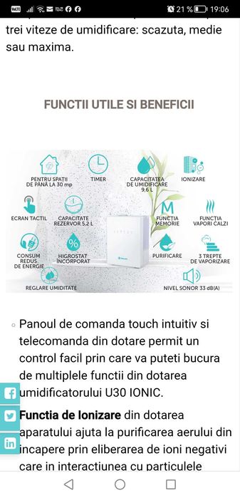 Umidificator cu ultrasunete AlecoAir U30 IONIC NEW,  Display Digital