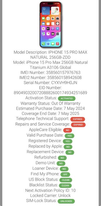  iPhone 15 Pro Max 256GB 85% Natural Titanium Neverlocked