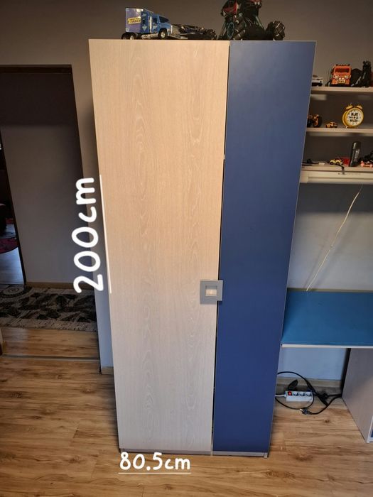 Set Mobila Albastra cu Crem de Lemn cu Birou si Noptiera