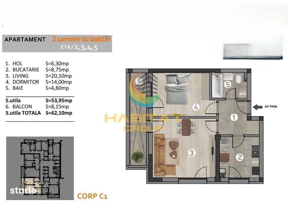 Apartament  cu 2 camere si balcon in Popesti Leordeni