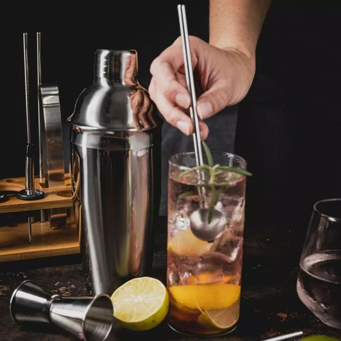 Set barman pentru bauturi si cocktail-uri, shaker, 15 piese, argintiu,