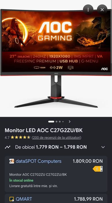 Monitor Gaming Aoc 240hz , 27", Curbat