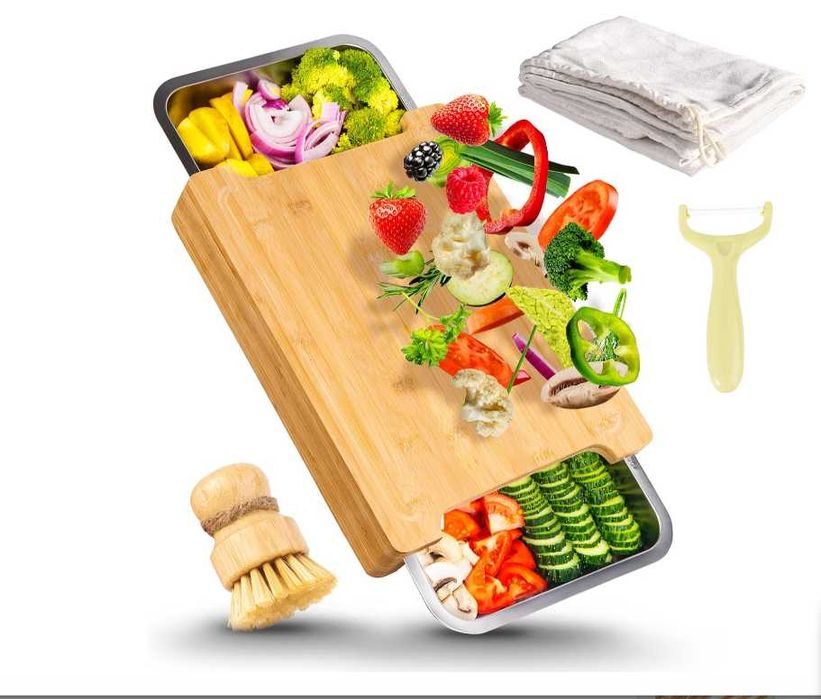 Tocator XXL din Bambus cu 3 Tavi din Inox si Accesorii | Blat de Taiere Premium