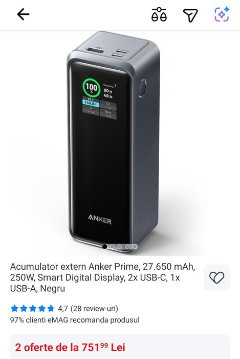 Baterie externa Anker Extern 737 Prime 27650 mAh