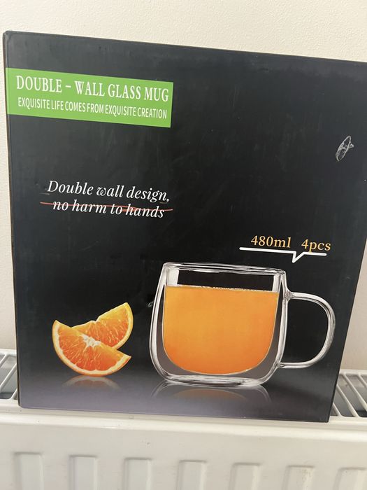 Căni de cafea din sticlă duble set 4 480ml cu mânere