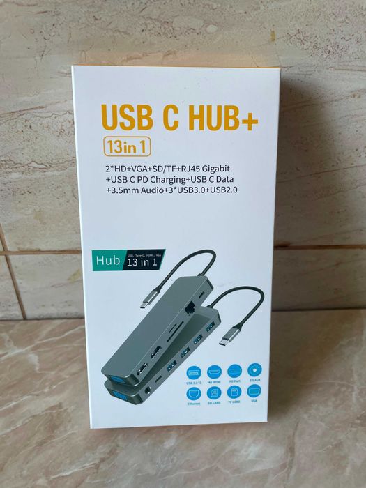 Docking Station USB-C 13 în 1 – 2x HDMI 4K, VGA, LAN, 1GB/S