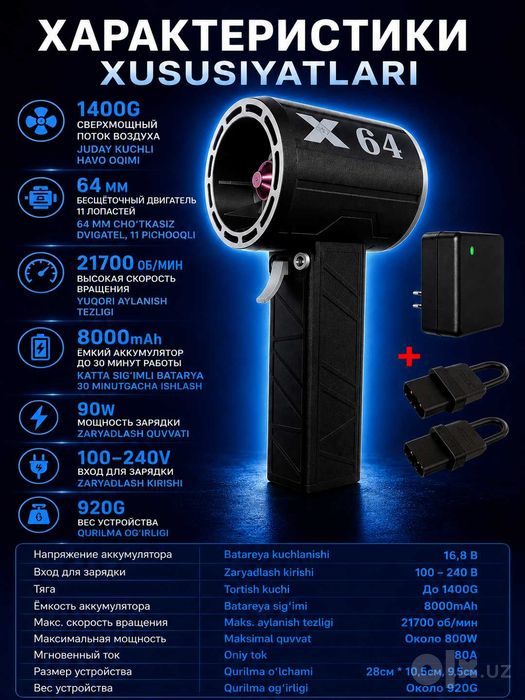 Воздуходувка X64 бесщёточная 800Вт, 1400г, 8000мАч турбофен ветродуйка