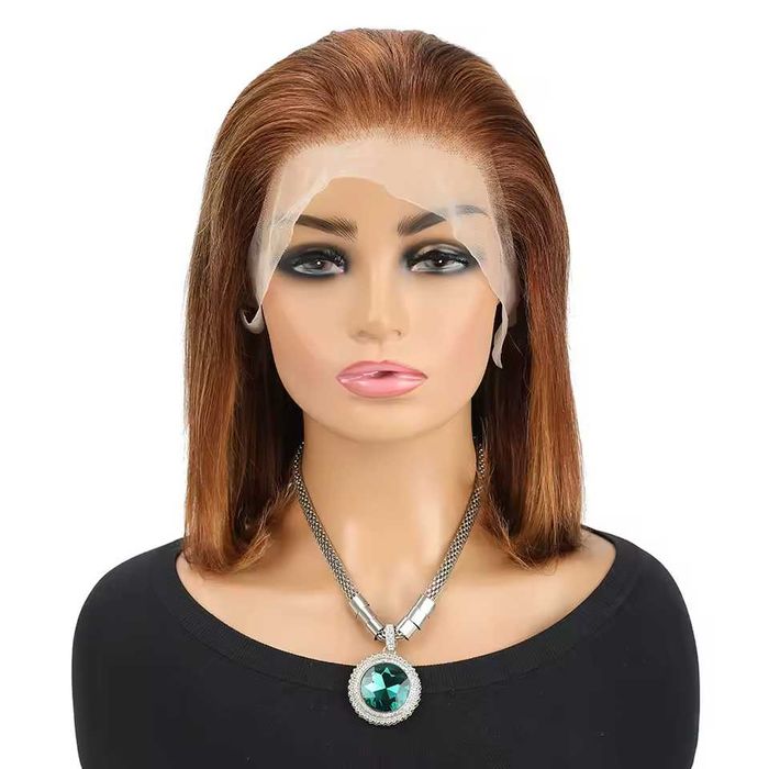 Естествена перука 35 см – кафява с руси кичури, медено руса, 13х4