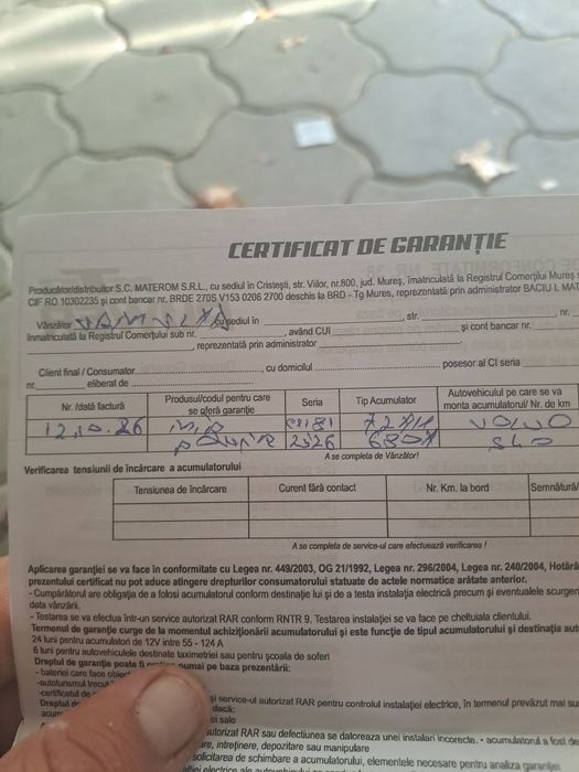 Baterie noua luata in 12.10.2026