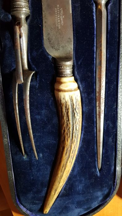 mappin and webb sheffield londra 1881 -3 piese-maner corn de caprioara