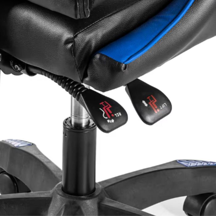 Геймърски стол с поставка за крака – черно-син, въртящ, с масажна функ