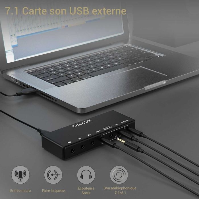 Външна USB звукова карта Cubilux 7.1, 48kHz–384kHz, Line-In и микрофонен вход