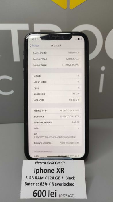 Iphone XR 128GB/Black/Neverlocked/Baterie:82% ID578-AG2