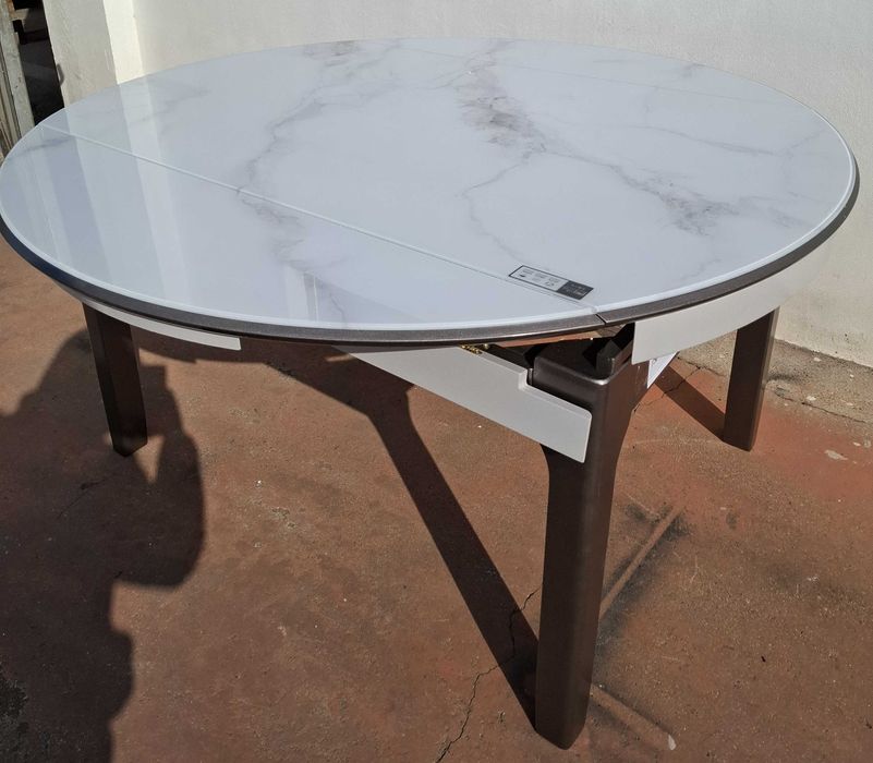 Masa MARMURA Alba cu insertii gri in valuri 150x90->150x150