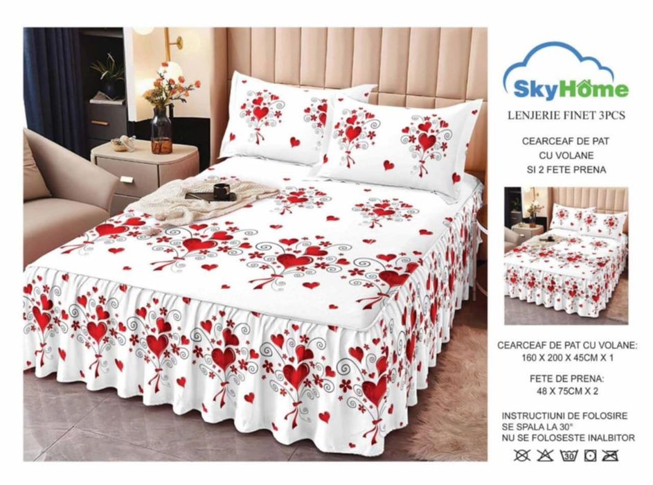 Cearceaf de pat finet cu volănașe + doua fete de perna