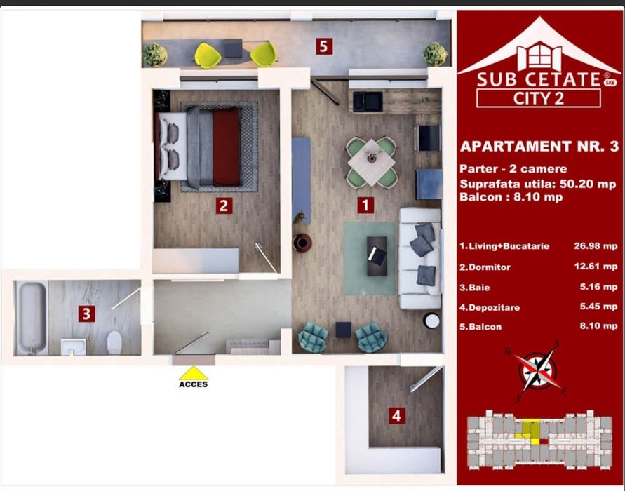 Apartament 2 camere mobilat si utilat