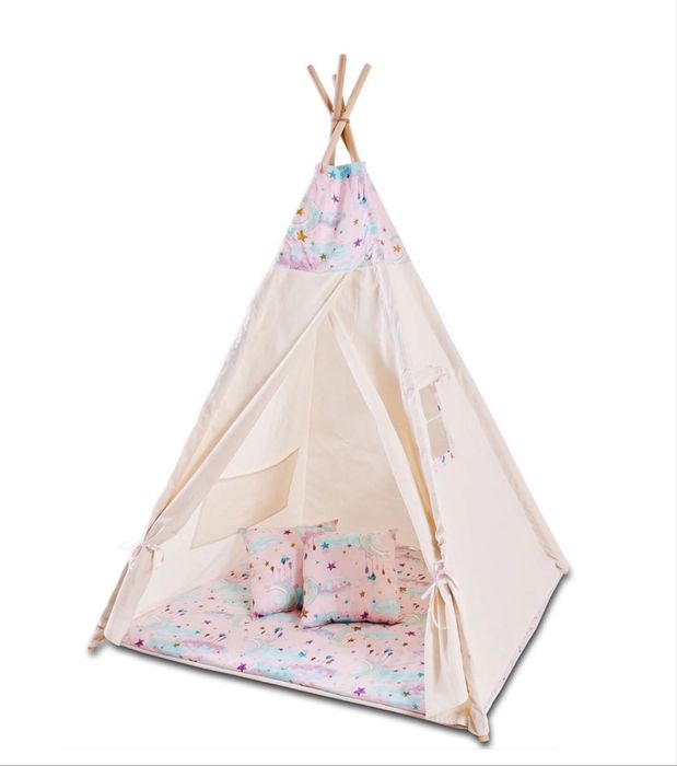 Cort copii stil indian Teepee Tent Kidizi Pink Moon, include covoras gros si 2 perne