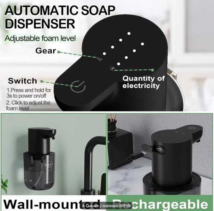 Dispenser de sapun spuma/lichid, automat, senzor, reincarcabil, IPX5