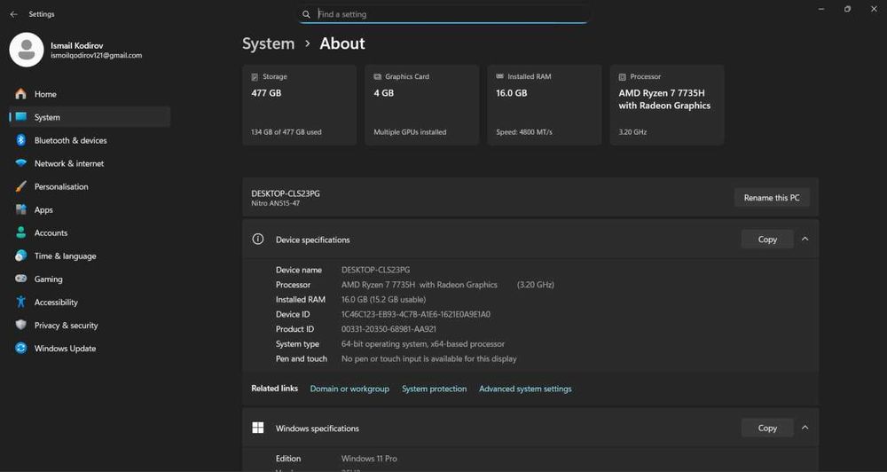 Acer nitro 5. Ryzen 7735h NVIDIA GeForce RTX 3050 igravoy noutbuk