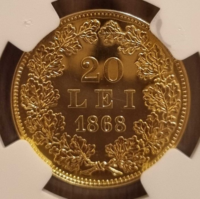 Moneda aur 20 lei 1868 pol Carol I replica BNR 2005 gradata NGC PF 63