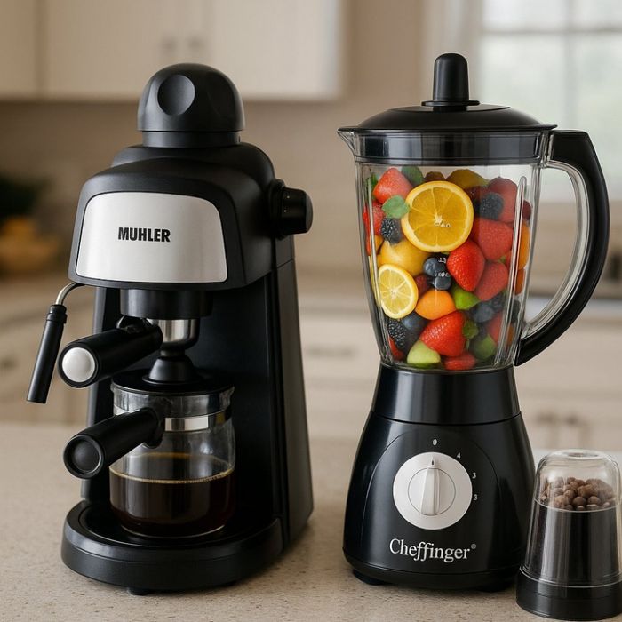 Комплект от еспресо машина MUHLER MCM-33 + 2 стъклени чаши и блендер с