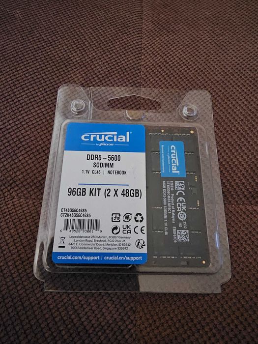96GB Kit (2x48GB) RAM Crucial DDR5 5600MHz SODIMM – За Лаптоп/Mini PC