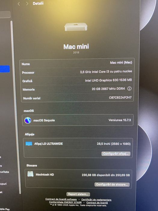 Vand mac mini 2018 20Gb Ram 250gb stocare