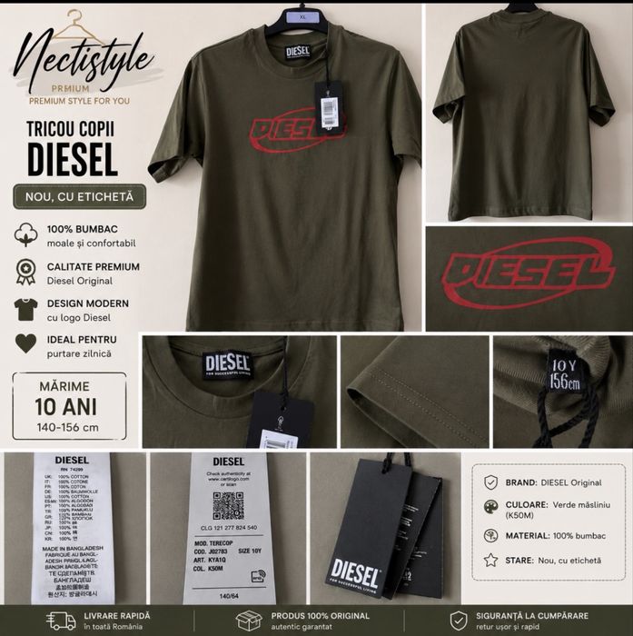 Tricou DIESEL Original pentru copii – Kaki cu logo roșu | 10 ani (156cm) | Nou cu etichetă