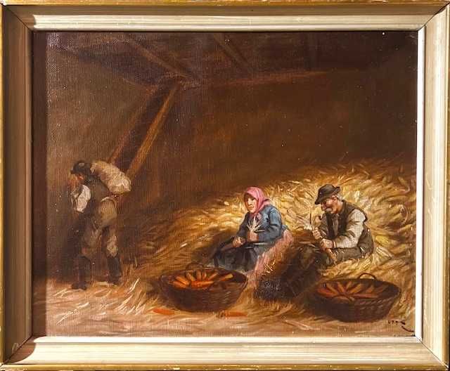 ”La depănușat porumb”-Tablou AUTENTIC, ul/pz, Ott Zoltan (1881-1946)