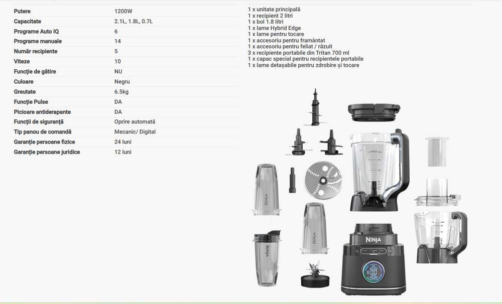 Robot de bucătărie Detect Power Pro TB401, 1200W, 2.1L/ 1.8L/700ml Ninja
