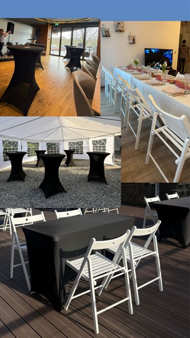 Mese / masa evenimente si mese cocktail/ bar si scaune albe lemn