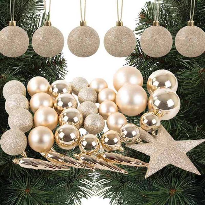 Комплект коледни топки и звезда за елха, златисто, 33 бр