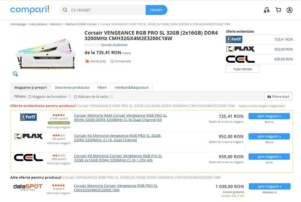 Memorie ram Corsair  RGB Pro SL 32GB la 3200MHz CL16  Alb