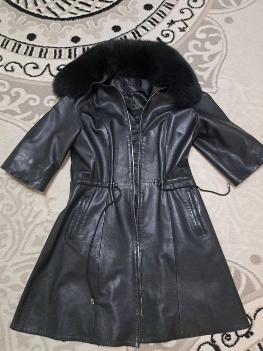 Кожаный пальто с мехом