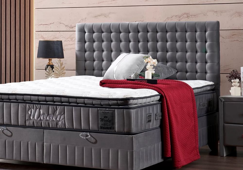 Тапицирано легло Wooly Платинено Сиво с луксозен матрак