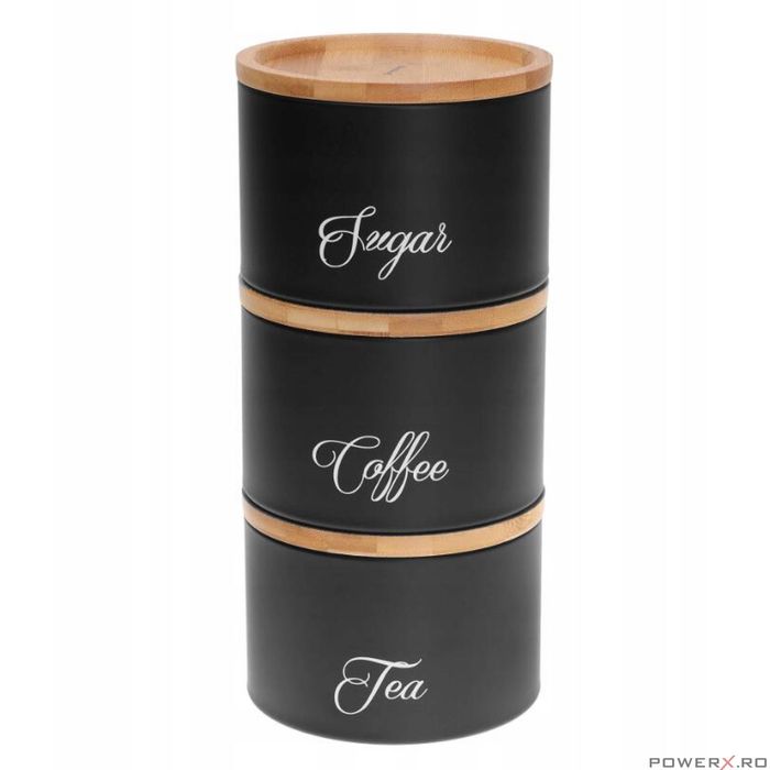 Recipiente pentru cafea, ceai, zahar, din otel-bambus, negru,